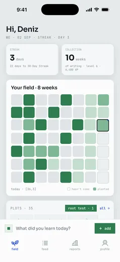The Field screen in the Kenfield iPhone app: an eight-week grid of seeds with the streak and note counters above it.