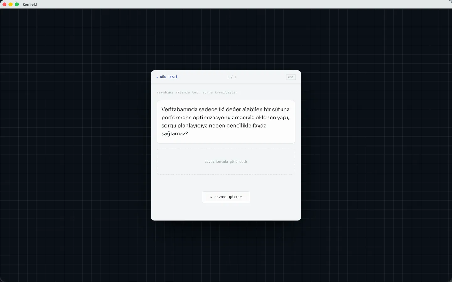Kök Testi: bir nottan üretilmiş soru ekranda, cevap henüz kapalı.